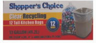 Product Illustration of Shopper's Choice 13 Gallon Clear Recycling Bags 12ct. 